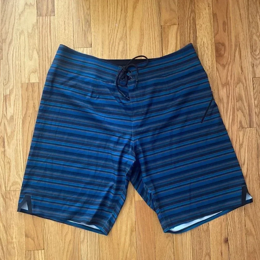Lululemon swim trunks board shorts size 38 Blue Black Gray tie front EUC